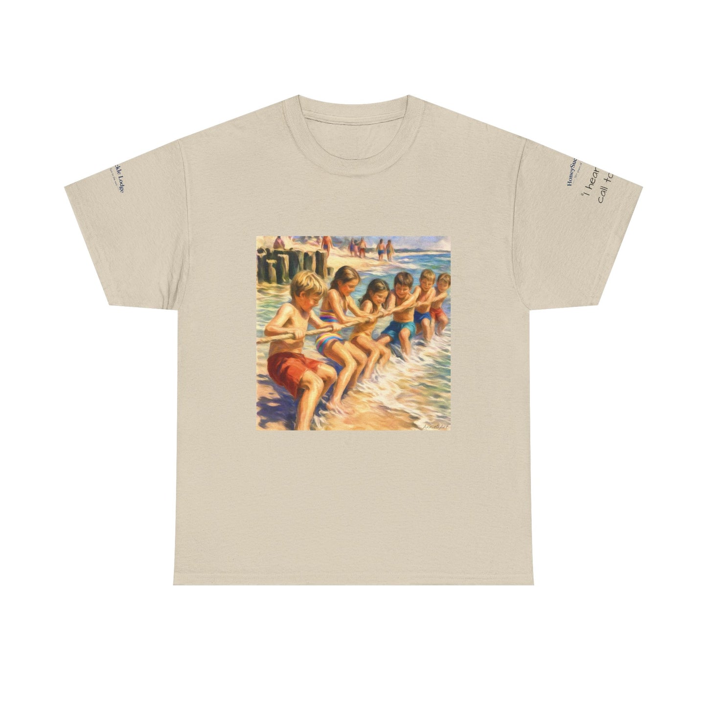 HoneySuckle Lodge Vintage Beach T-Shirt — "50+ years of fun in the sun" Retro Kids on Shore Design