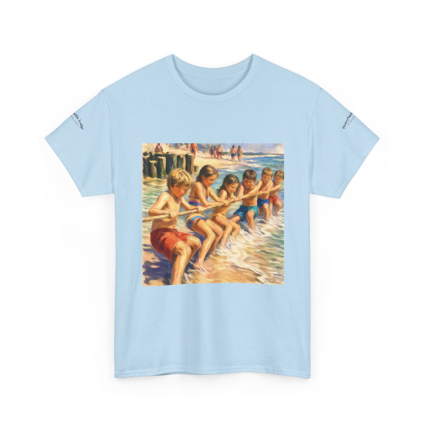 Honeysuckle Lodge Vintage Beach Print tee shirt front/back ("Honeysuckle Lodge - 50+ years of fun in the sun")