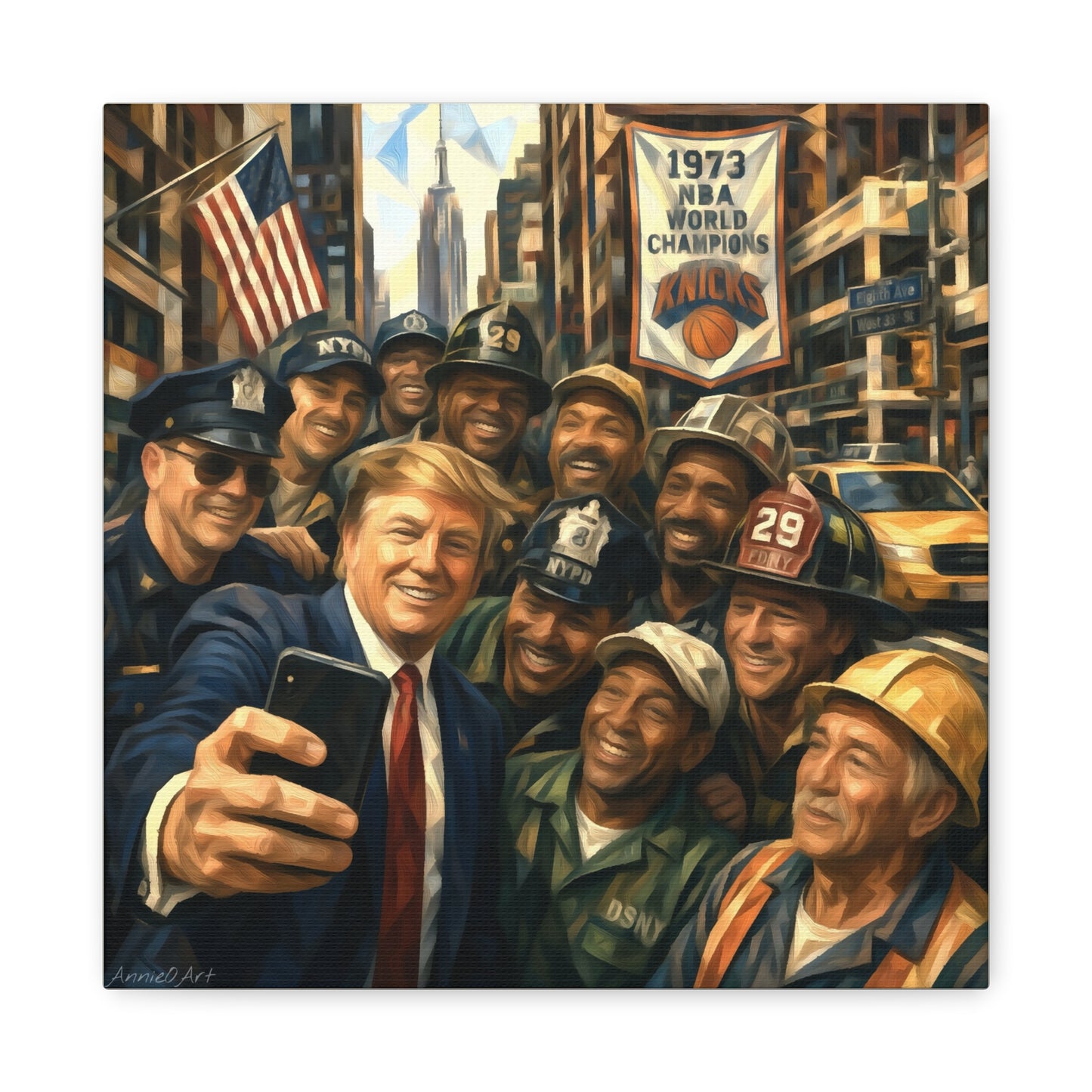 Trump Selfie w/City Workers Canvas Wall Art — Patriotic Urban Selfie Scene
