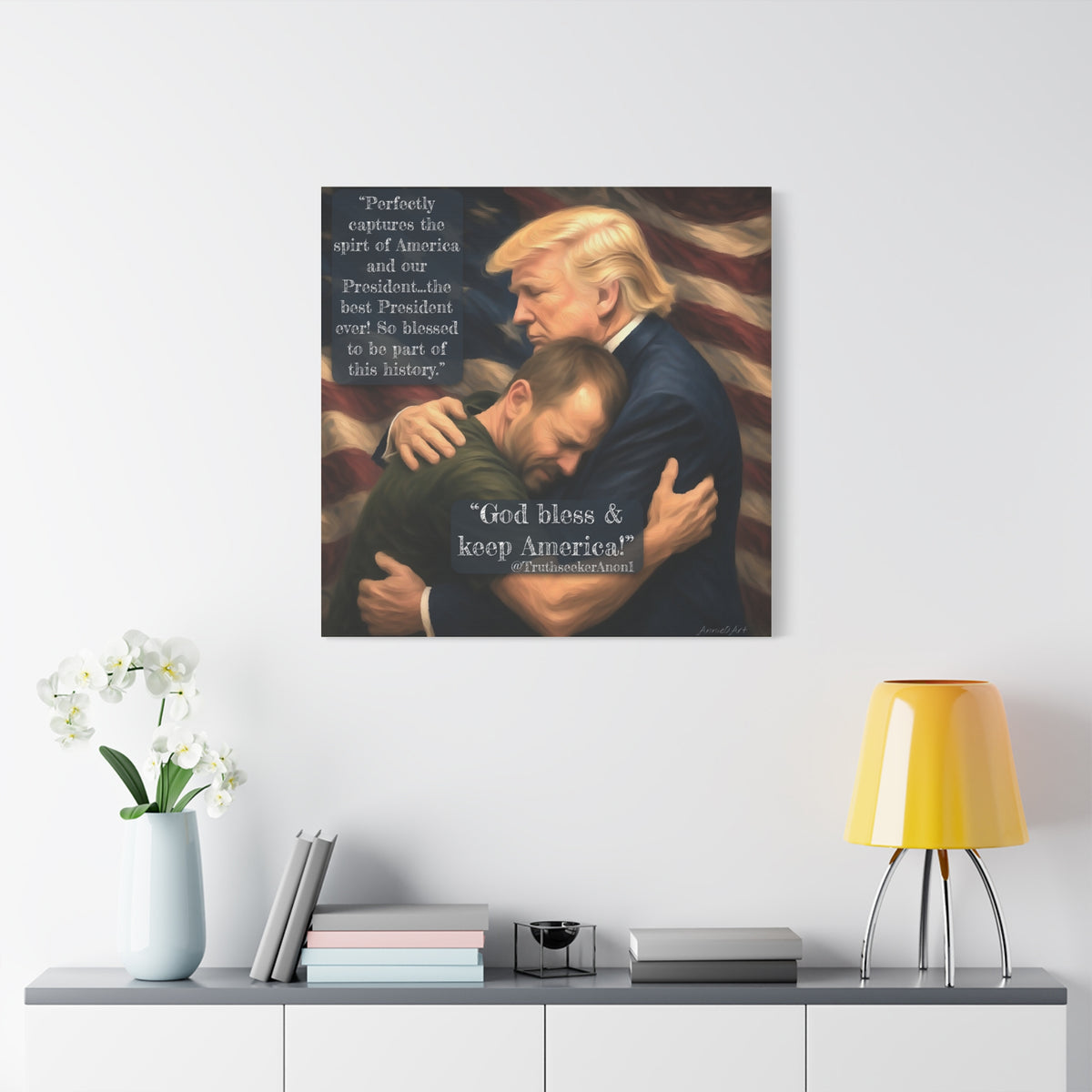 Trump Embrace Patriotic Canvas Wall Art — "God Bless & Keep America"