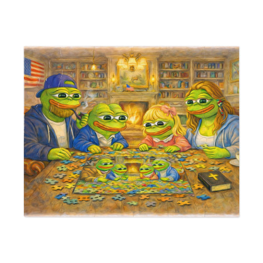 Family Game Night Jigsaw Puzzle with Tin — Cozy Cabin Pepe Frog Scene