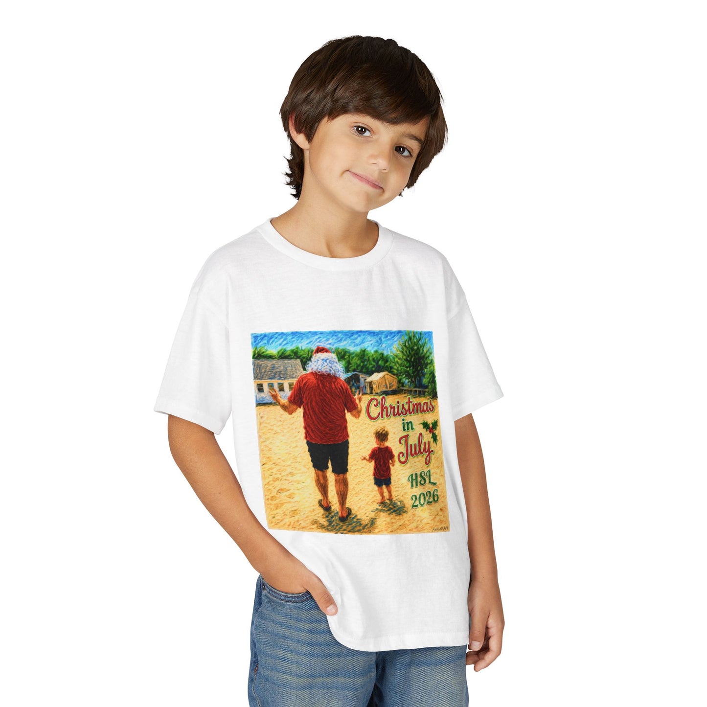 Youth T-Shirt — "Christmas in July" Beach Santa Kids Tee (HSL 2026)