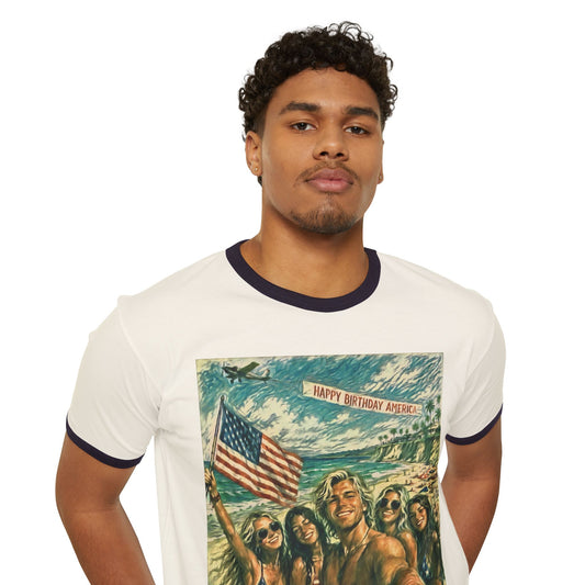 Patriotic "Happy Birthday America"—Front & Back Design Ringer T-Shirt