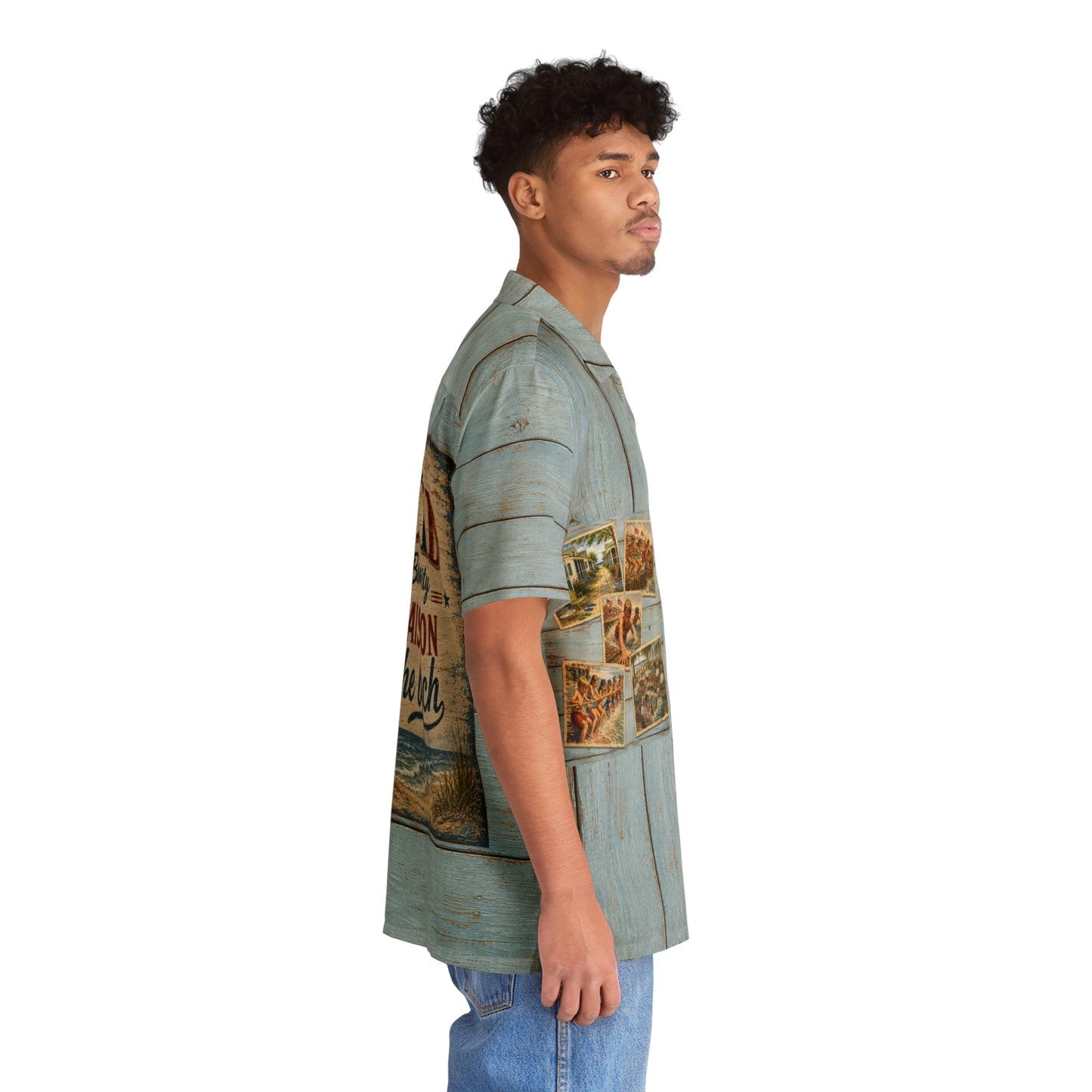 “NYC KID- Born in the City- Raised on the Beach” -Vintage Coastal Wood Plank Hawaiian Shirt