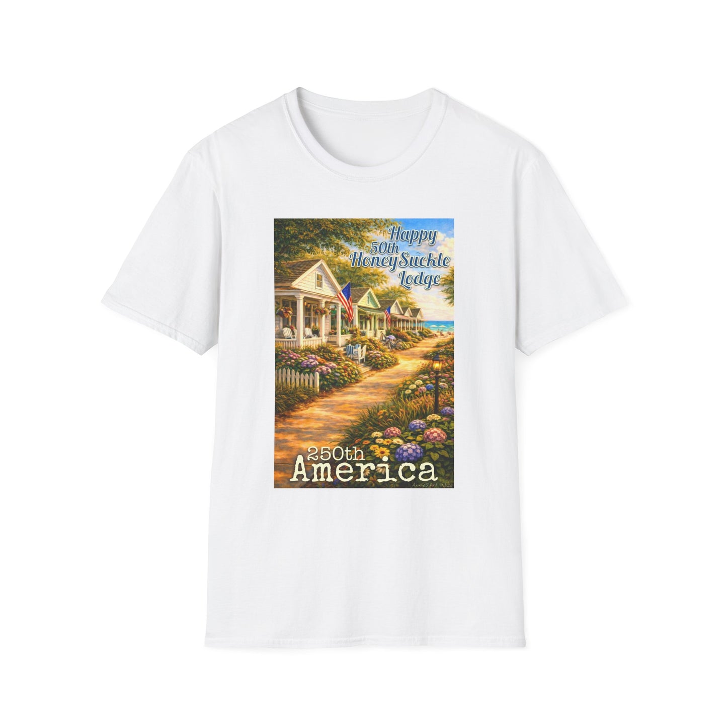 HoneySuckle Lodge 50th—America 250th Bungalow Path T-Shirt —Front & Back Design- Happy 250th Anniversary USA Patriotic Tee