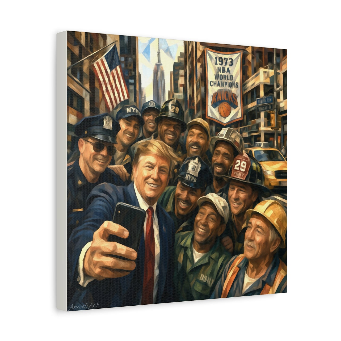 Trump Selfie w/City Workers Canvas Wall Art — Patriotic Urban Selfie Scene