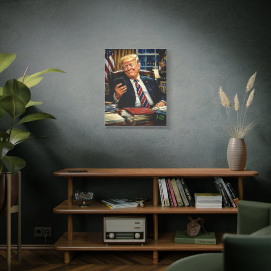 Trump Reading “Keyboard Warrior’ Memes at 3 AM— Patriotic Office Portrait Canvas—