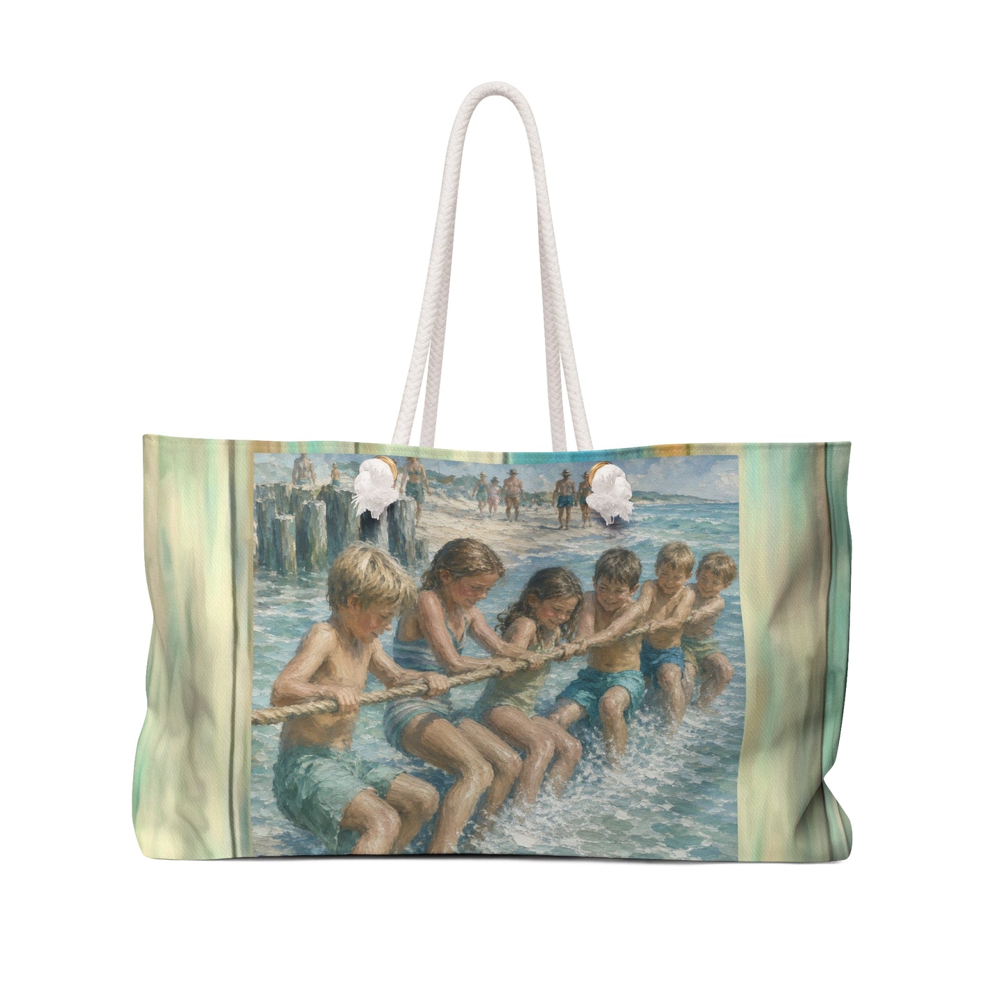Beach bag-Retro Beach Weekender Bag — Kids Beach Tug-of-War— Travel Tote