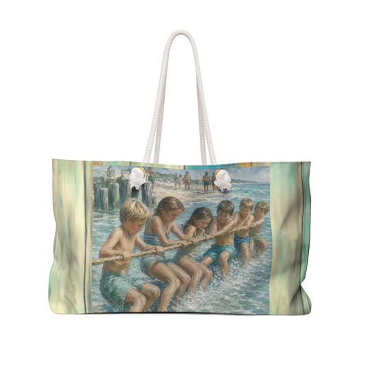 Beach bag-Retro Beach Weekender Bag — Kids Beach Tug-of-War— Travel Tote