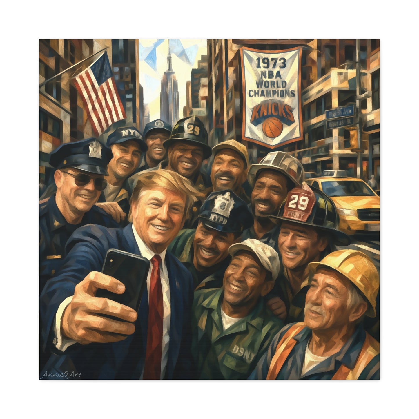 Trump Selfie w/City Workers Canvas Wall Art — Patriotic Urban Selfie Scene
