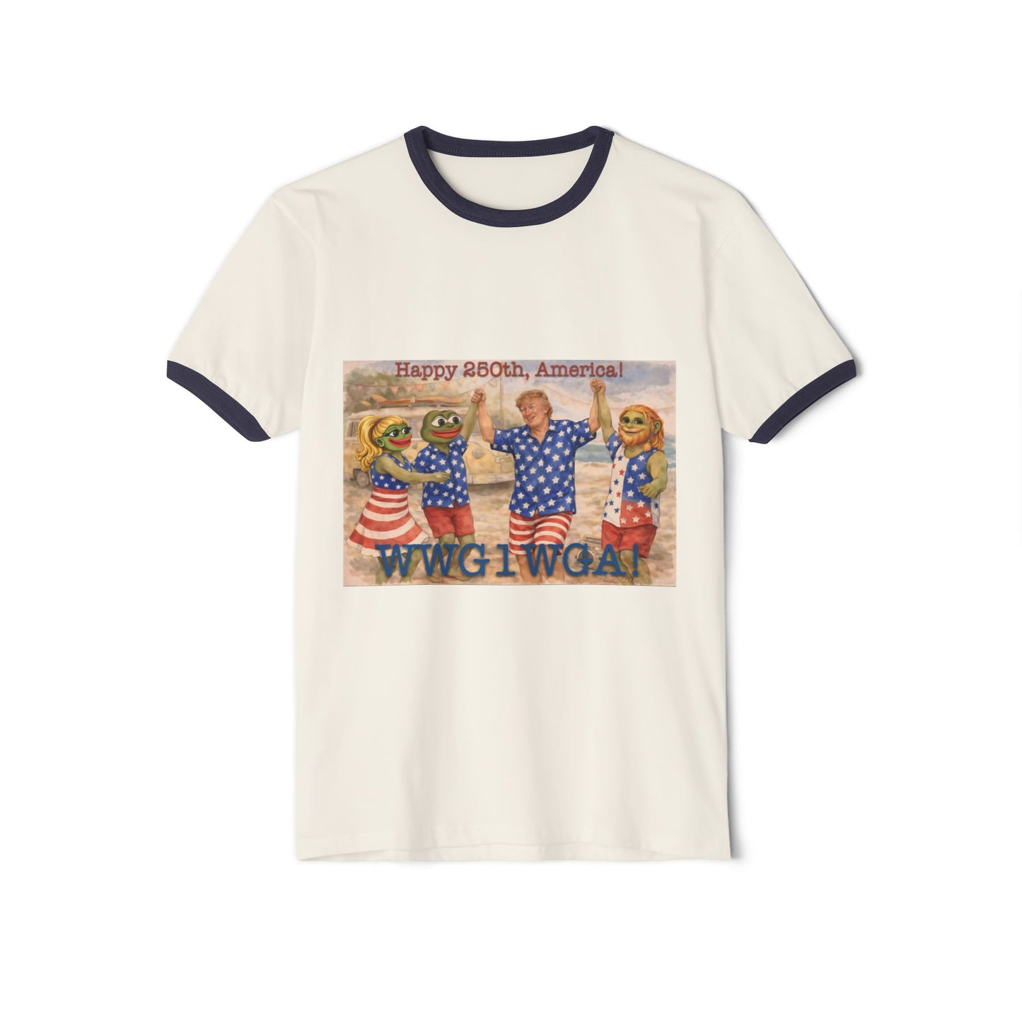 Patriotic Ringer T-Shirt — "Happy 250th, America!" WWG1WGA Graphic