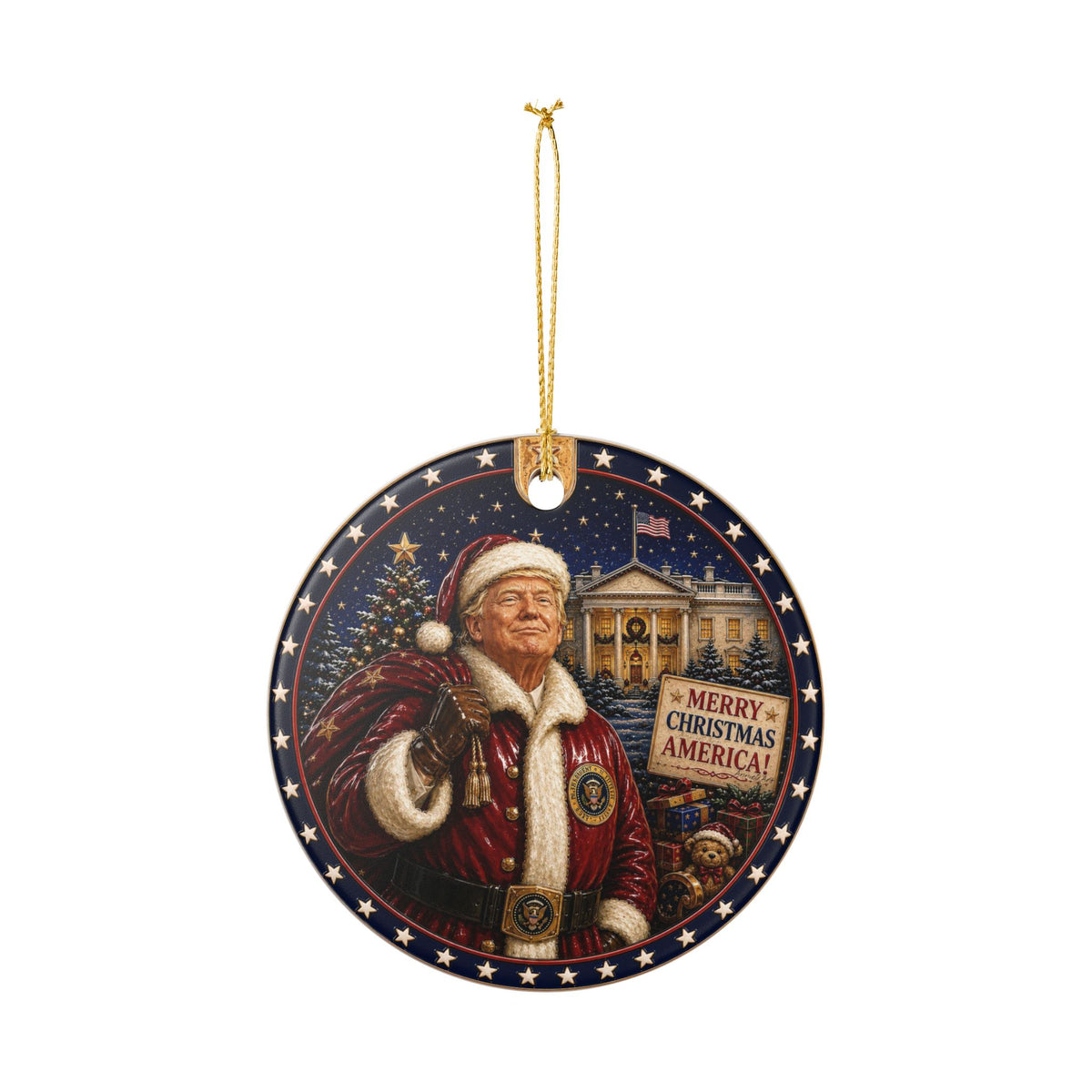 Patriotic Trump Santa Ceramic Ornament — "Merry Christmas America!" Holiday Decoration