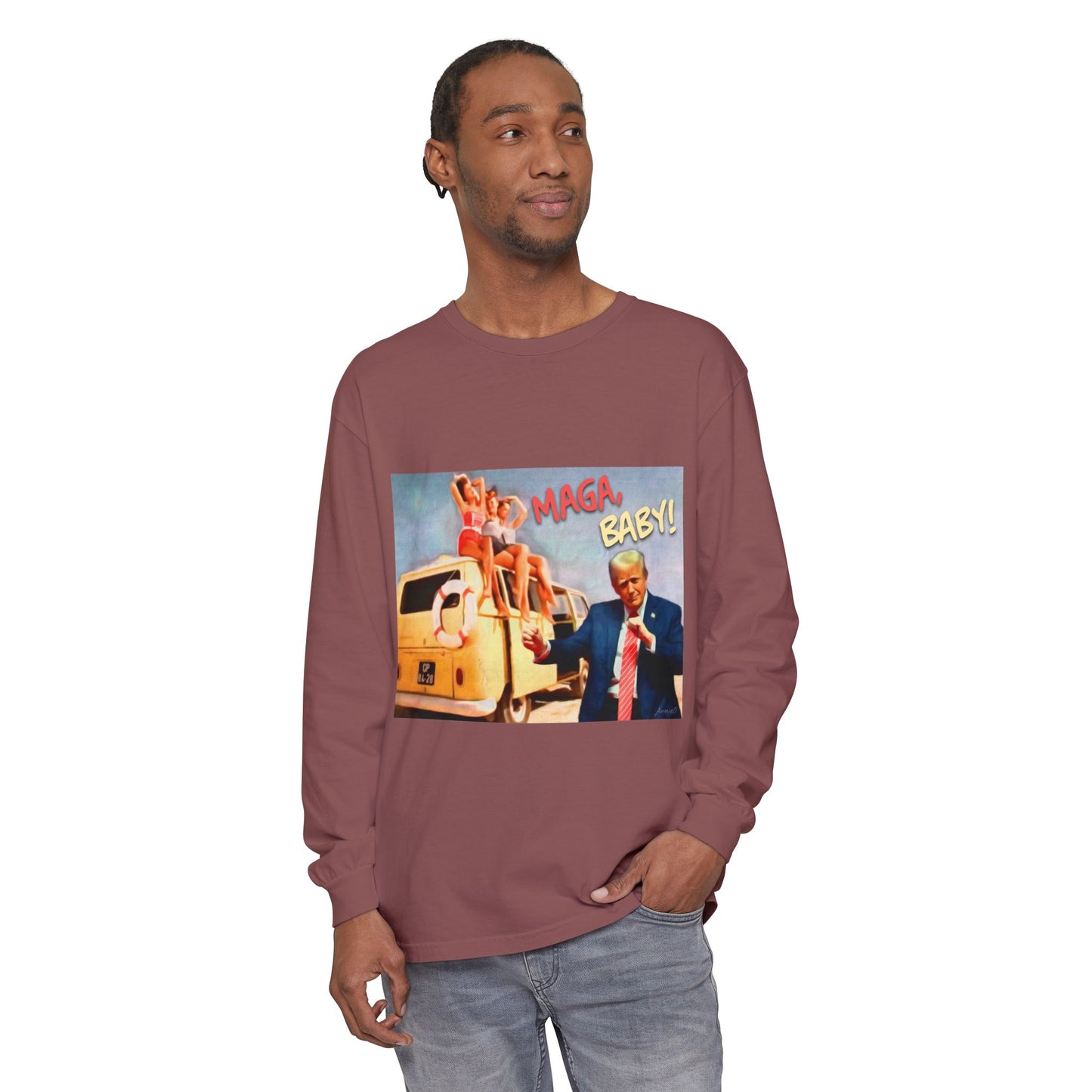 Being MAGA everywhere! Vintage Political Graphic Long Sleeve Tee — "MAGA Baby!" Design