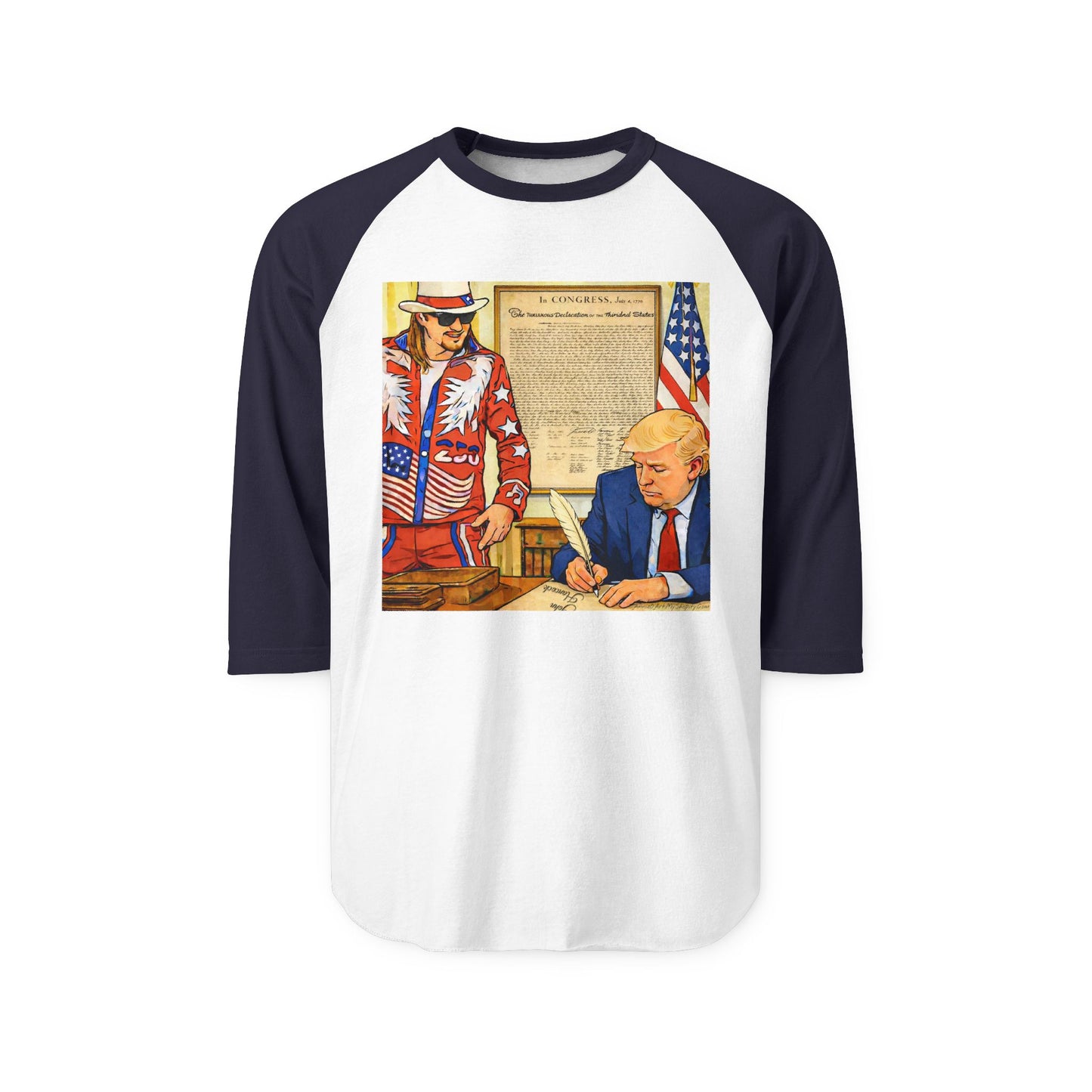 250th Independence Patriotic Raglan Shirt — Vintage Americana Signing Graphic tee Trump & Kid Rock