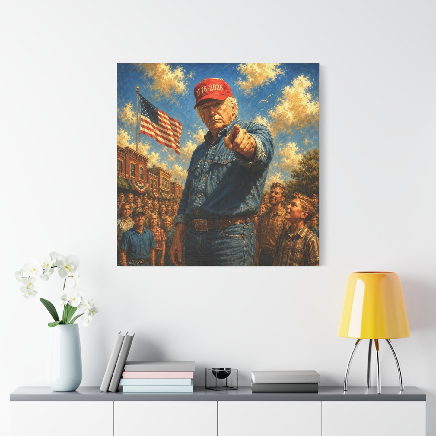 Trump Americana Patriotic Canvas Art - '1776-2026' Pointing Figure with American Flag