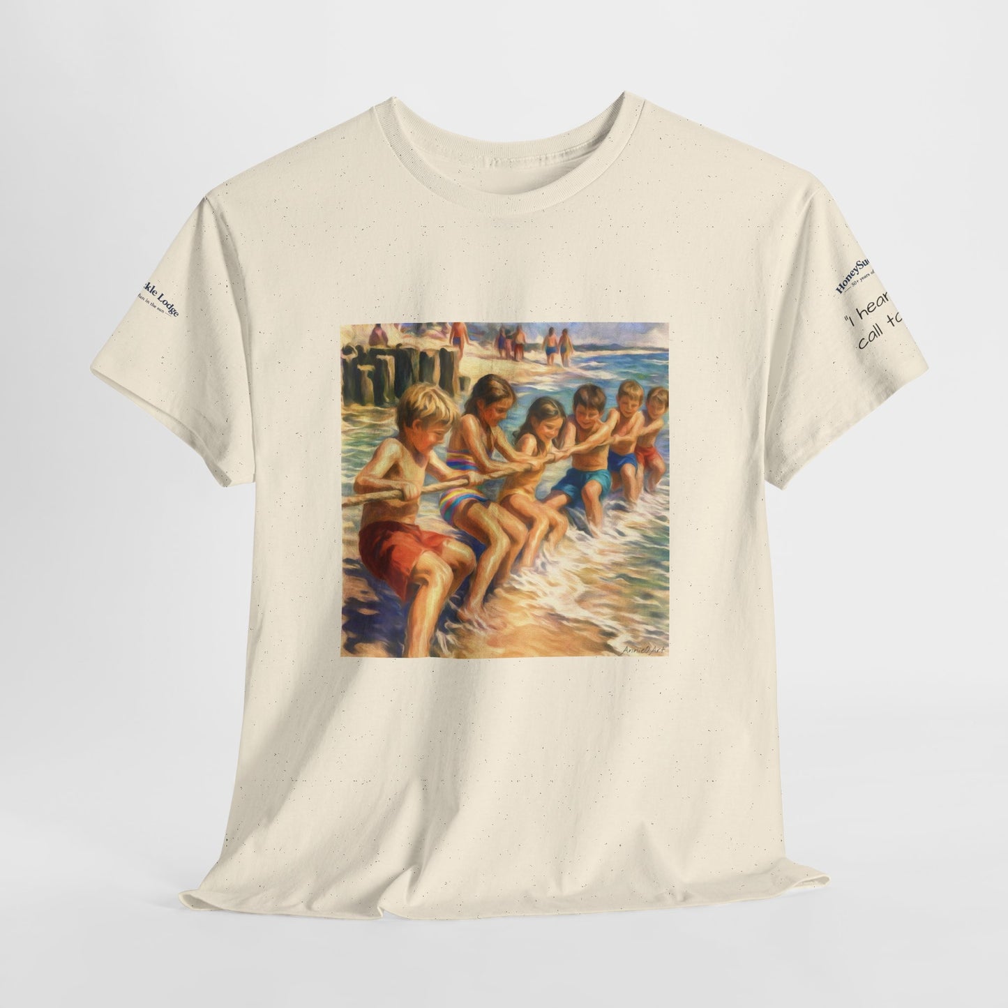 HoneySuckle Lodge Vintage Beach T-Shirt — "50+ years of fun in the sun" Retro Kids on Shore Design