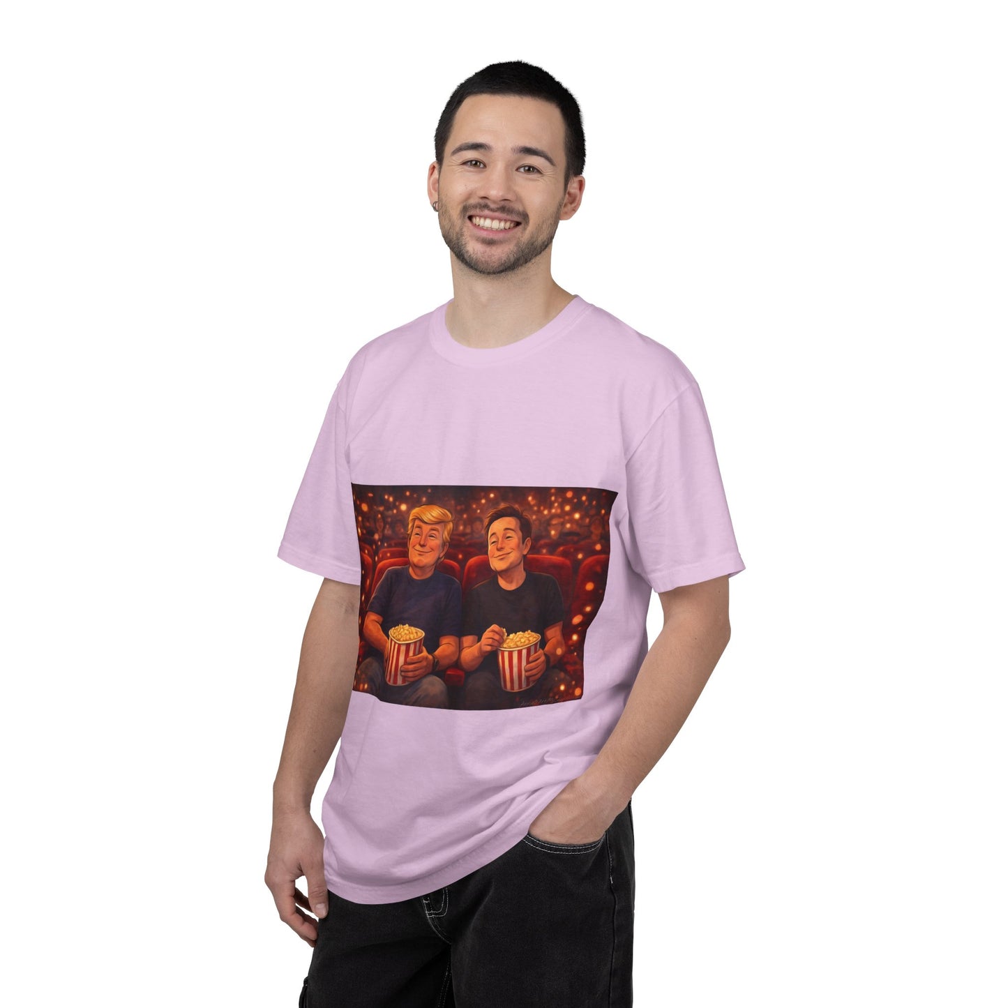 Trump & Elon—Movie Night Popcorn Tee — Cozy Cinematic Graphic T-Shirt