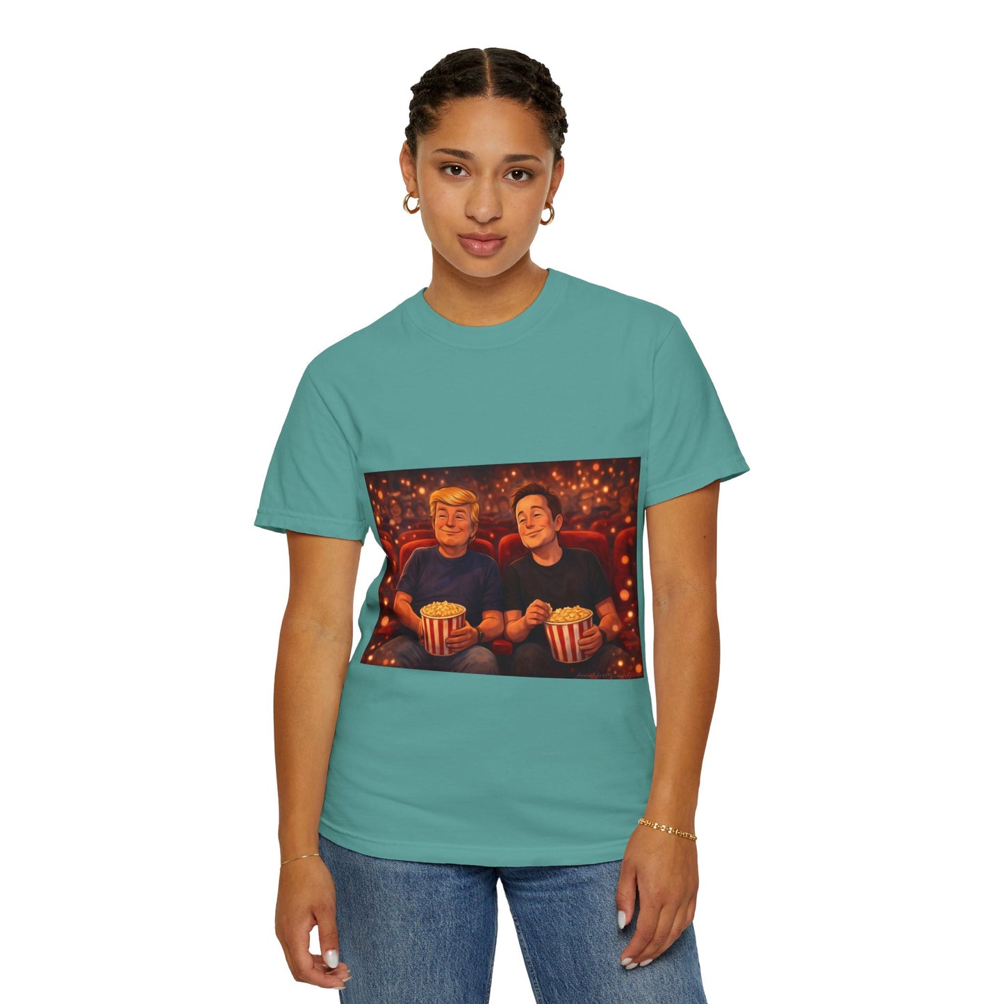 Trump & Elon—Movie Night Popcorn Tee — Cozy Cinematic Graphic T-Shirt