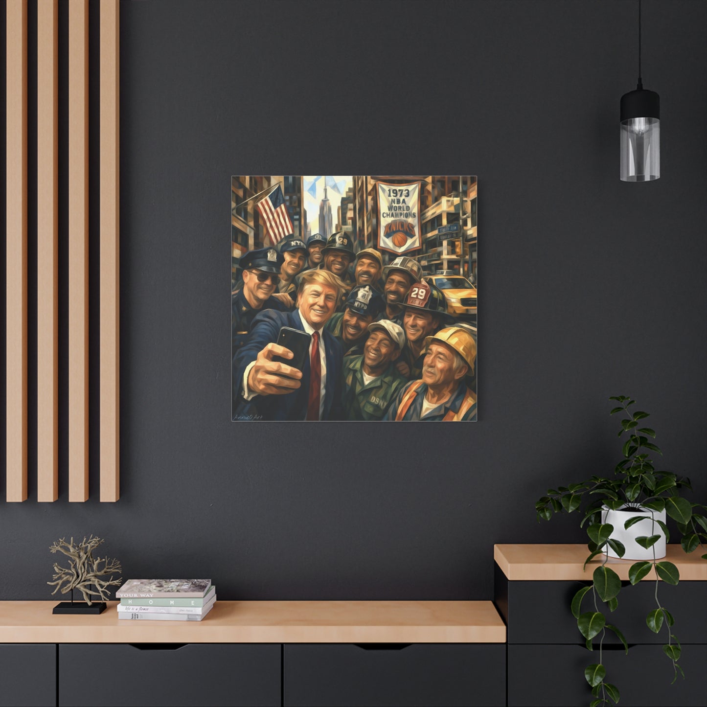 Trump Selfie w/City Workers Canvas Wall Art — Patriotic Urban Selfie Scene