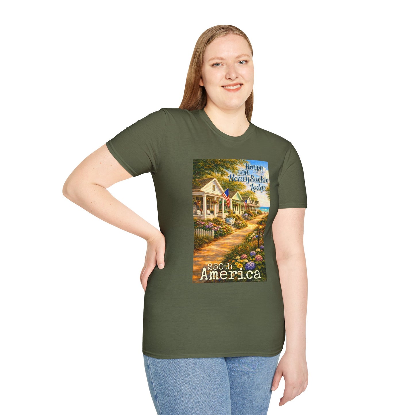 HoneySuckle Lodge 50th—America 250th Bungalow Path T-Shirt —Front & Back Design- Happy 250th Anniversary USA Patriotic Tee