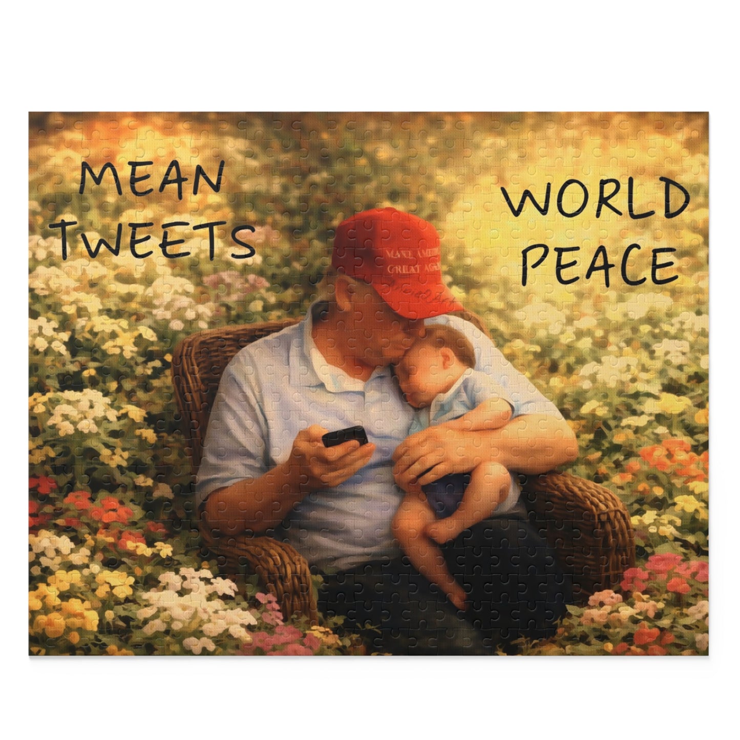 Trump Puzzle — 'Mean Tweets, World Peace' Grandpa & Baby 120/252/500-Piece Jigsaw