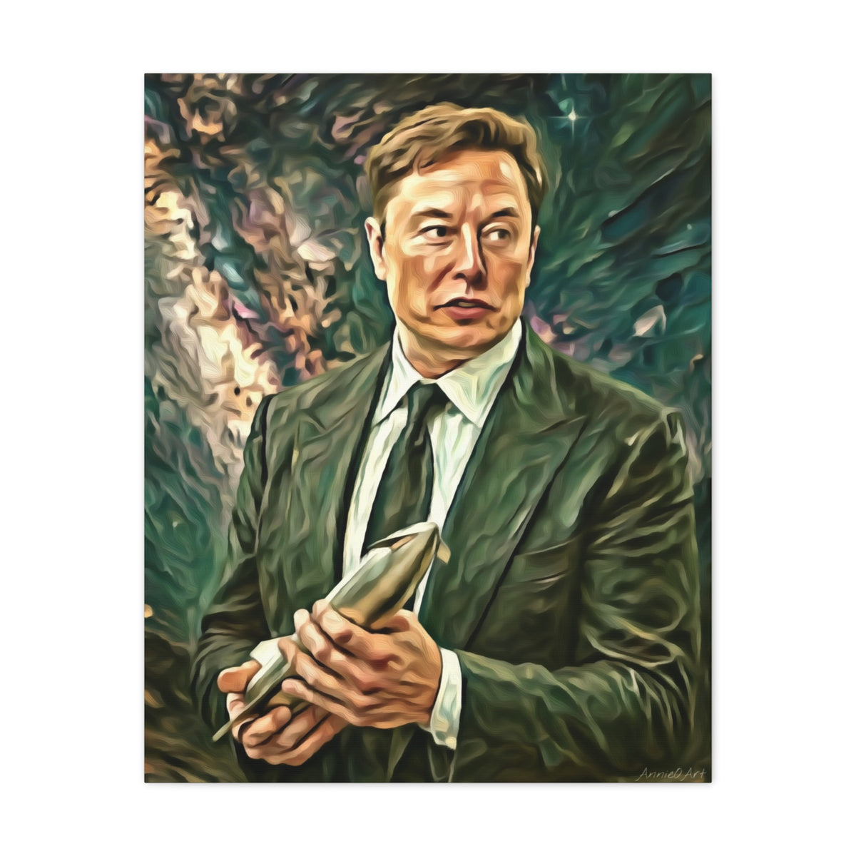 Elon Musk Holding Rocket, Oil-Paint Effect Canvas