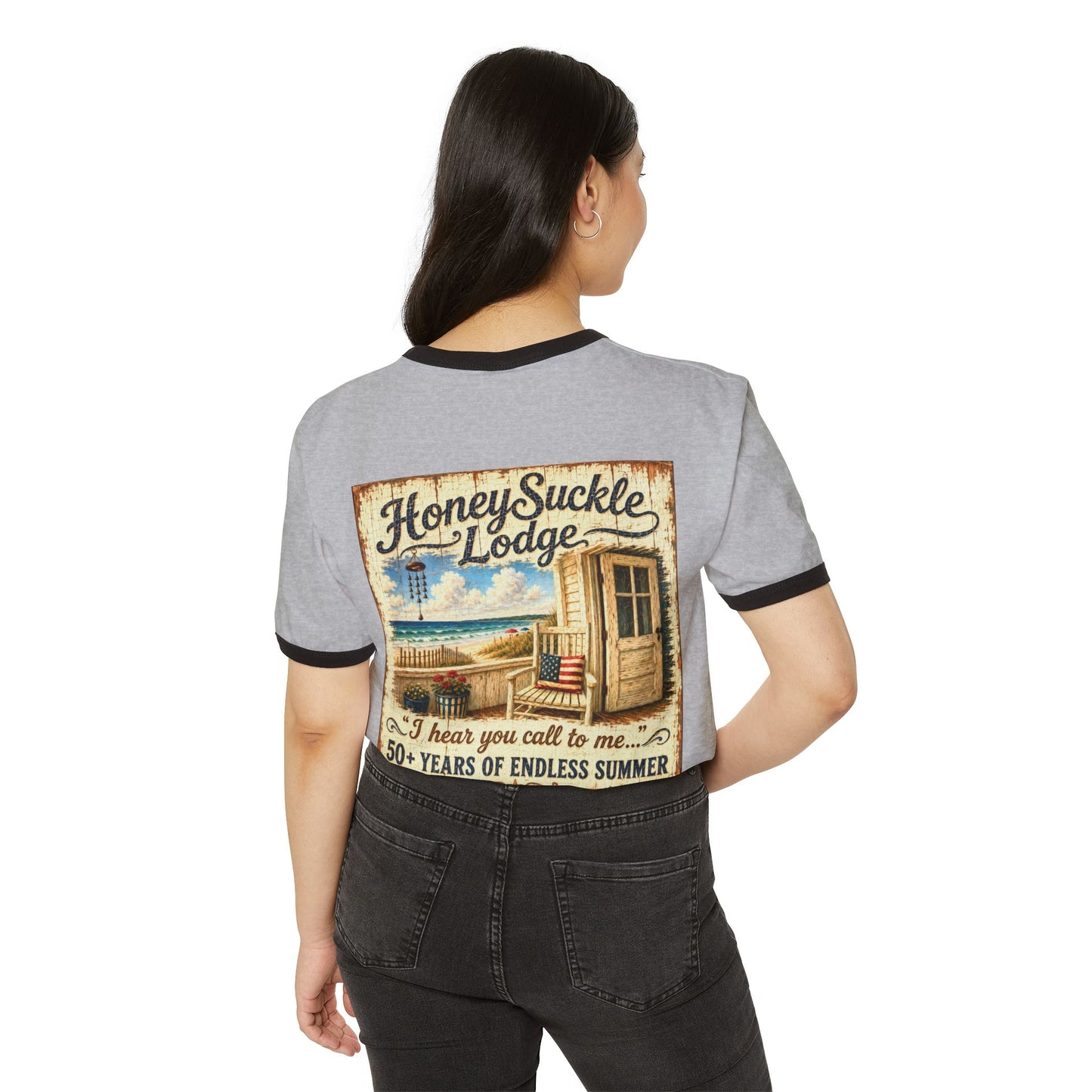 Happy 250th America Ringer T‑Shirt — Honeysuckle Lodge Vintage Beach Graphic