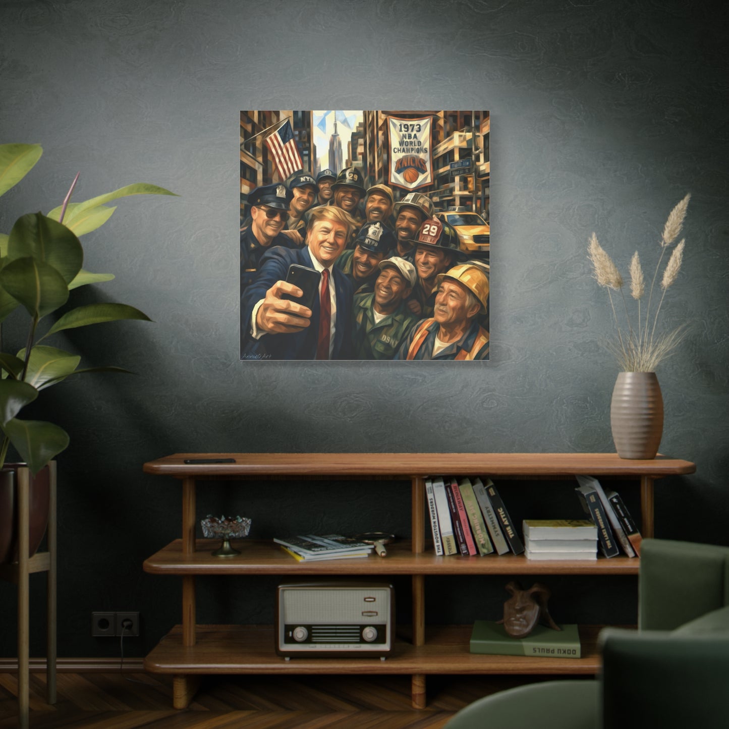 Trump Selfie w/City Workers Canvas Wall Art — Patriotic Urban Selfie Scene