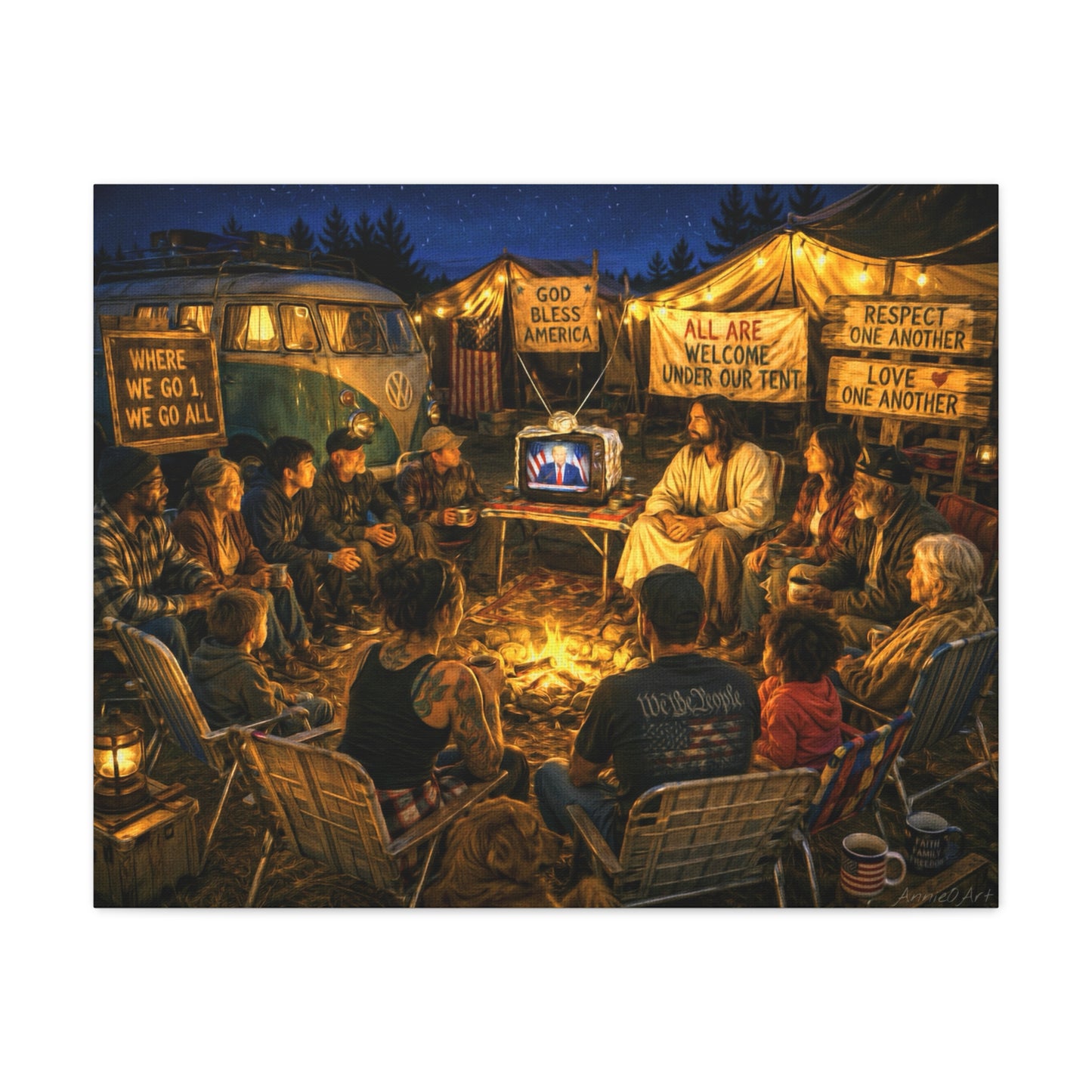 God Bless America—Campfire Fellowship Canvas Wall Art — 'All Are Welcome' Rustic Gathering Scene—MAGA—WWG1WGA