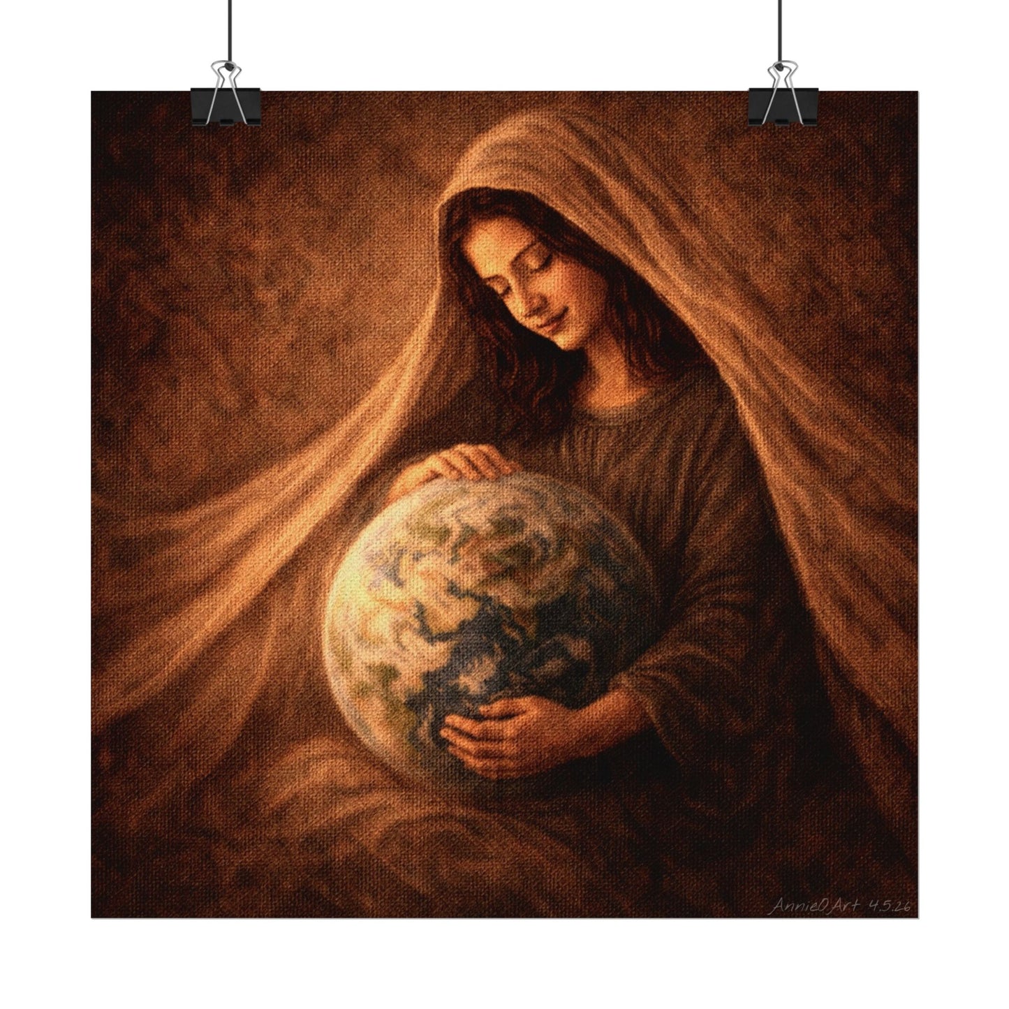 Mary, Jesus’ Mother,  Cradling & Praying for the Earth & Her People,  Textured Matte Art Print Poster