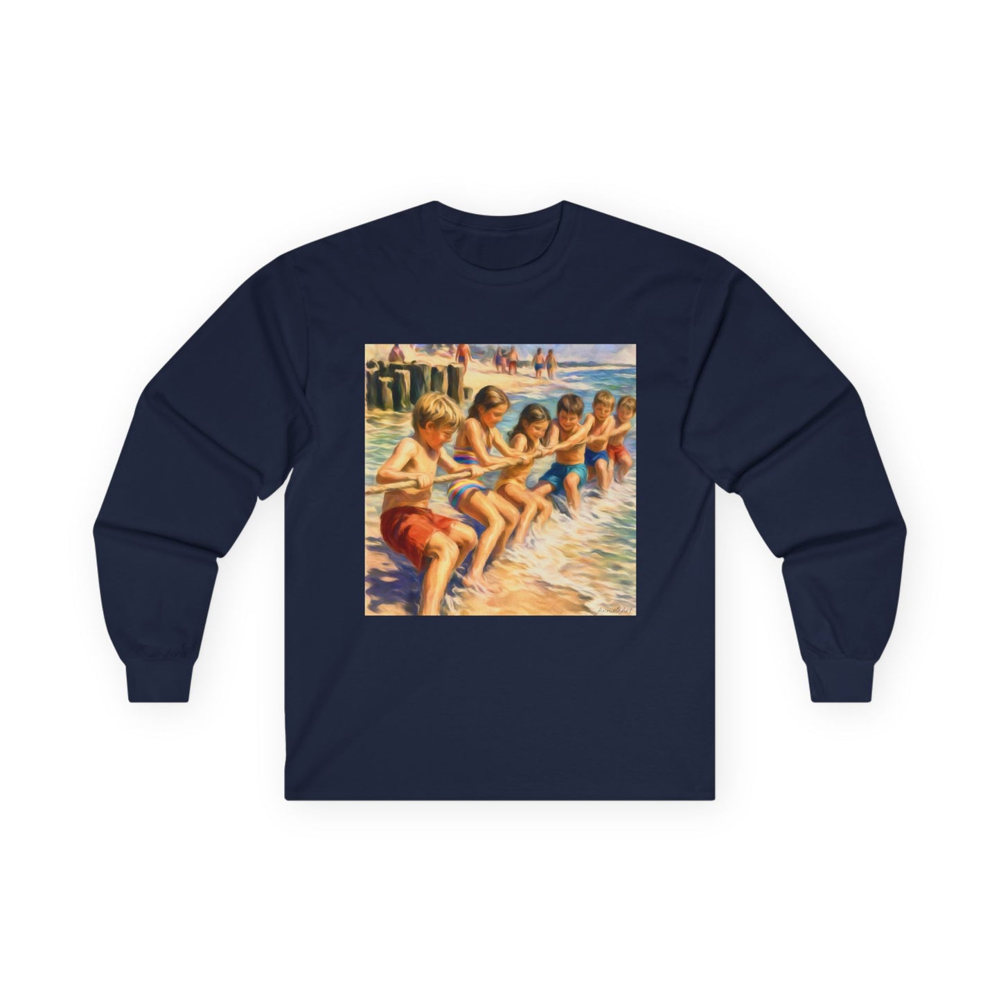 Long Sleeve Tee Front & Back Design — Vintage Americana Beach Scene & “Happy Birthday America”