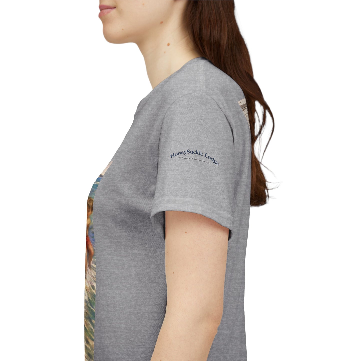 Honeysuckle Lodge Vintage Beach Print tee shirt front/back ("Honeysuckle Lodge - 50+ years of fun in the sun")