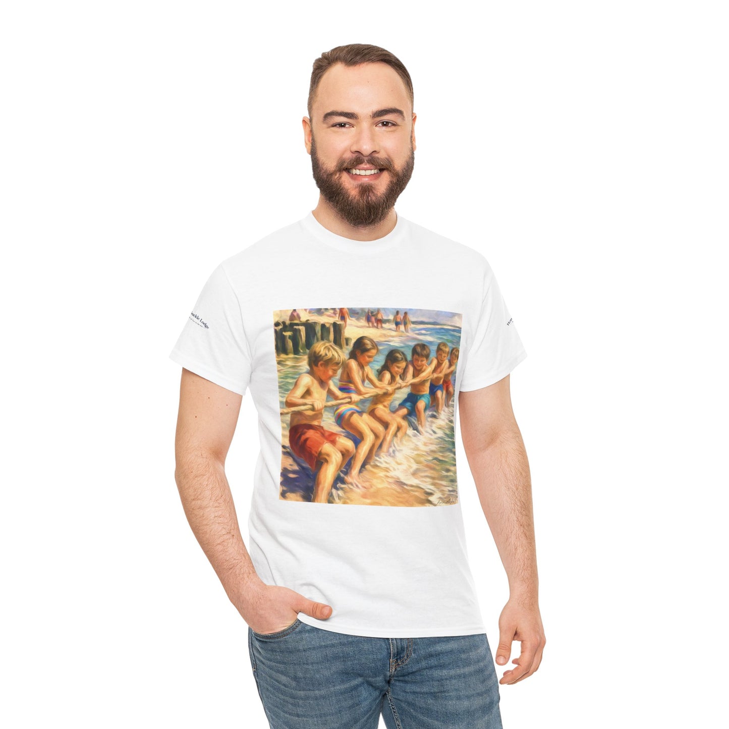 Honeysuckle Lodge Vintage Beach Print tee shirt front/back ("Honeysuckle Lodge - 50+ years of fun in the sun")