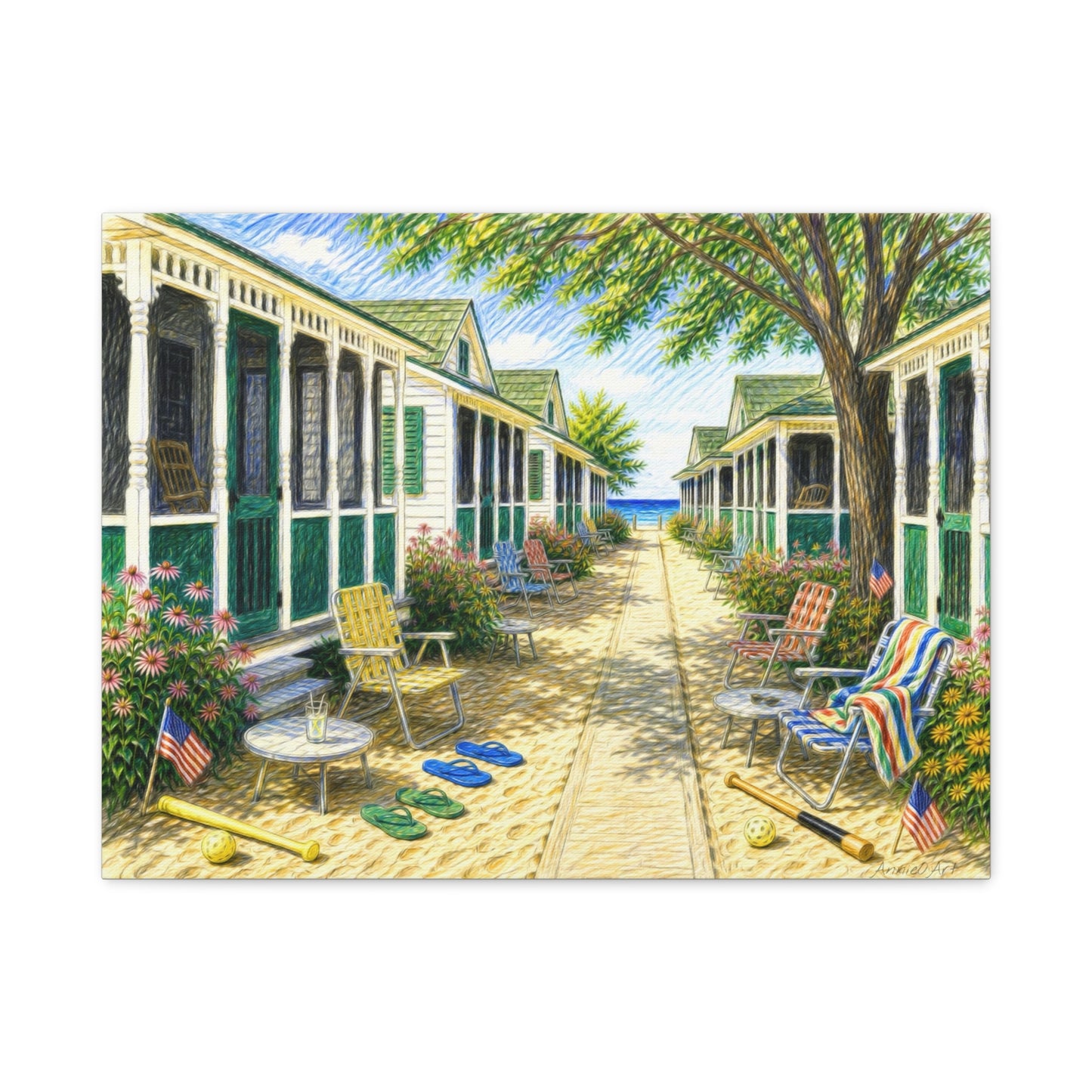 Beach Bungalow Path Americana Matte Canvas Wall Art — 1970’s Summer Seaside Bungalow Print