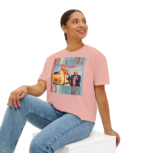 Beach scene w DJT dancing Retro VW van “MAGA, baby!” —Graphic Boxy Tee — Vintage Roadtrip/Rally tee Women's Shirt