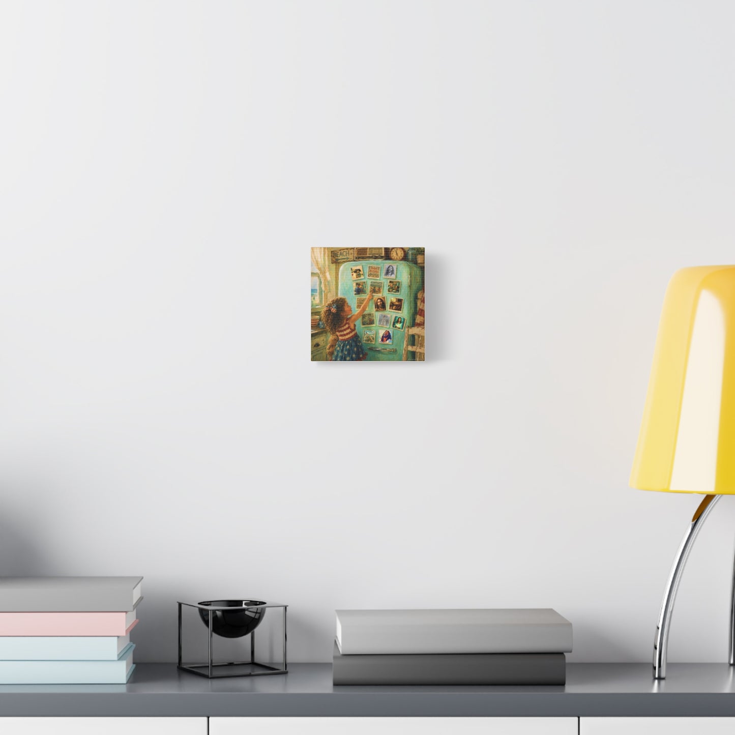 Americana Canvas Wall Art — Little Girl Pointing at Magnets on Vintage Fridge (Matte Stretched)