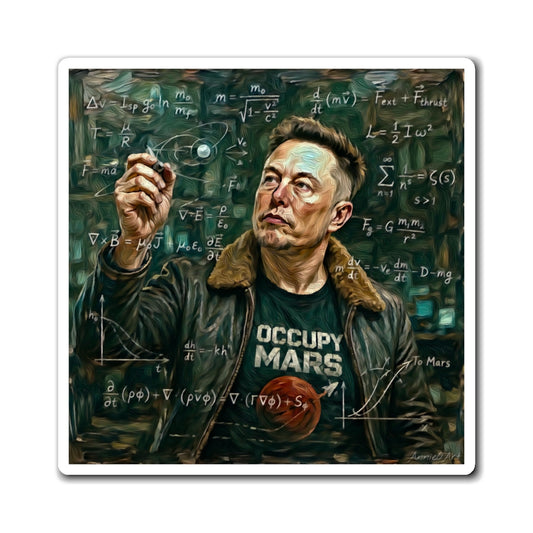 Musk Space Engineer Portrait Magnet — 'Occupy Mars' Science Chalkboard Design