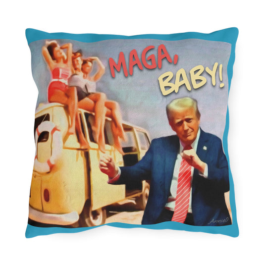 Political Graphic Outdoor Pillow — "MAGA, Baby!" Retro Beach Design