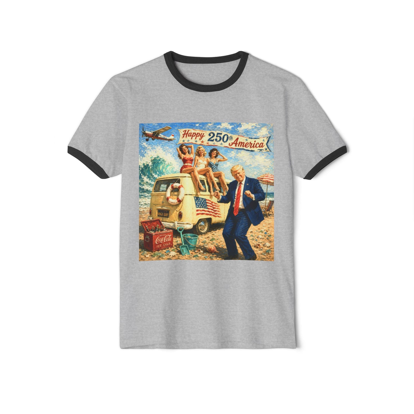 Trump Retro Patriotic Ringer T-Shirt — "Happy 250 America" Vintage Beach Scene