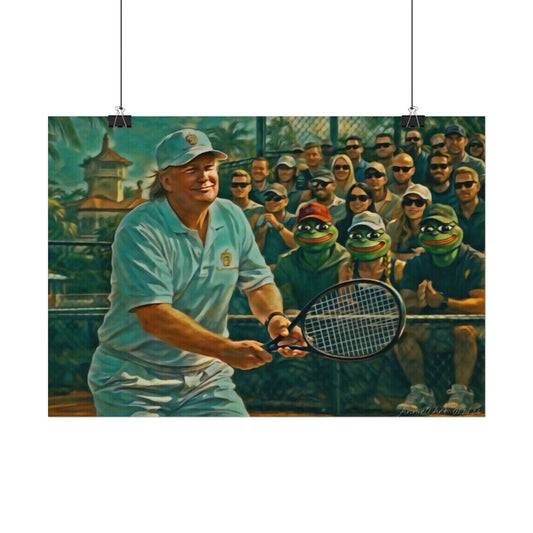 Trump Tennis Player Watercolor Poster — Vintage Court Scene Matte Print