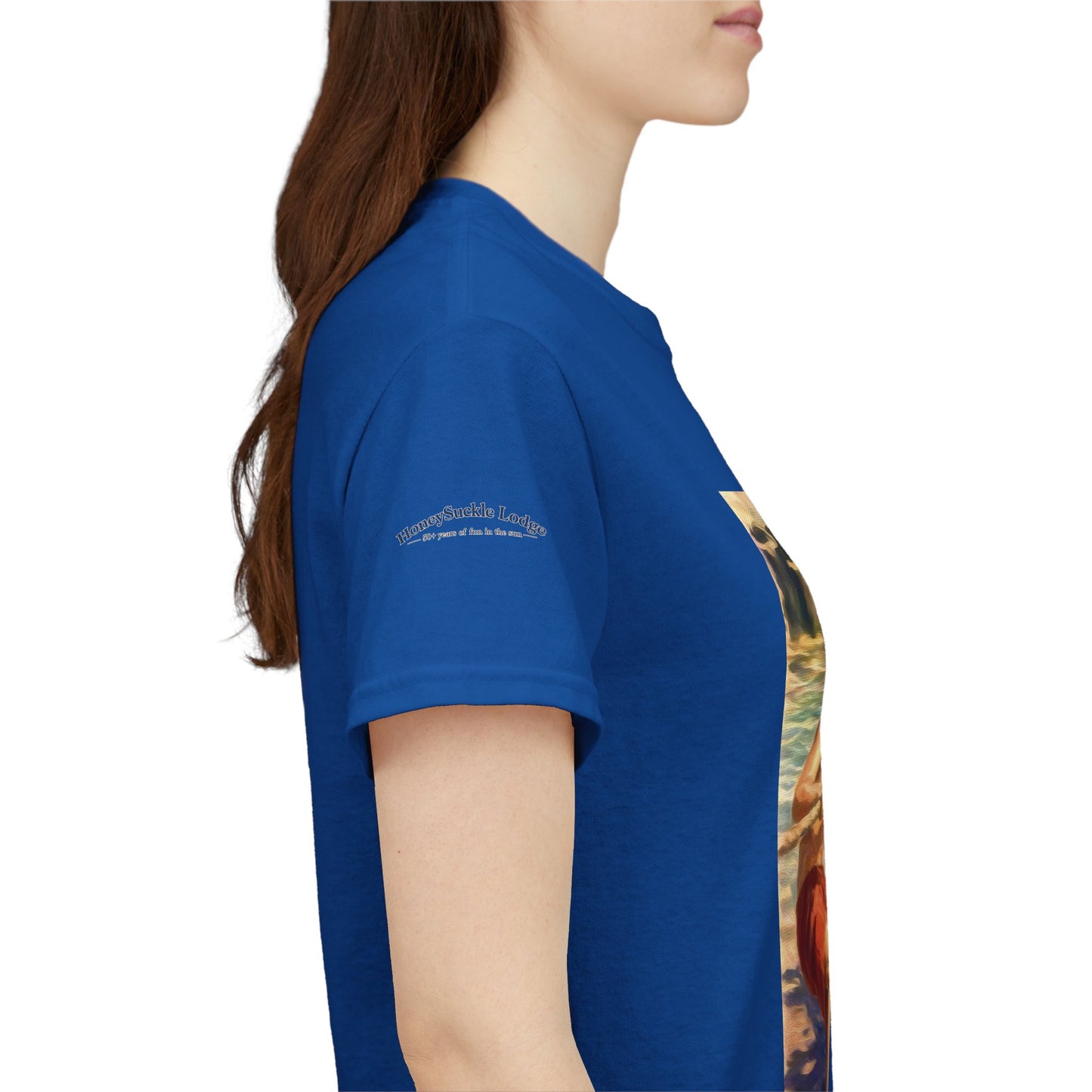 Honeysuckle Lodge Vintage Beach Print tee shirt front/back ("Honeysuckle Lodge - 50+ years of fun in the sun")