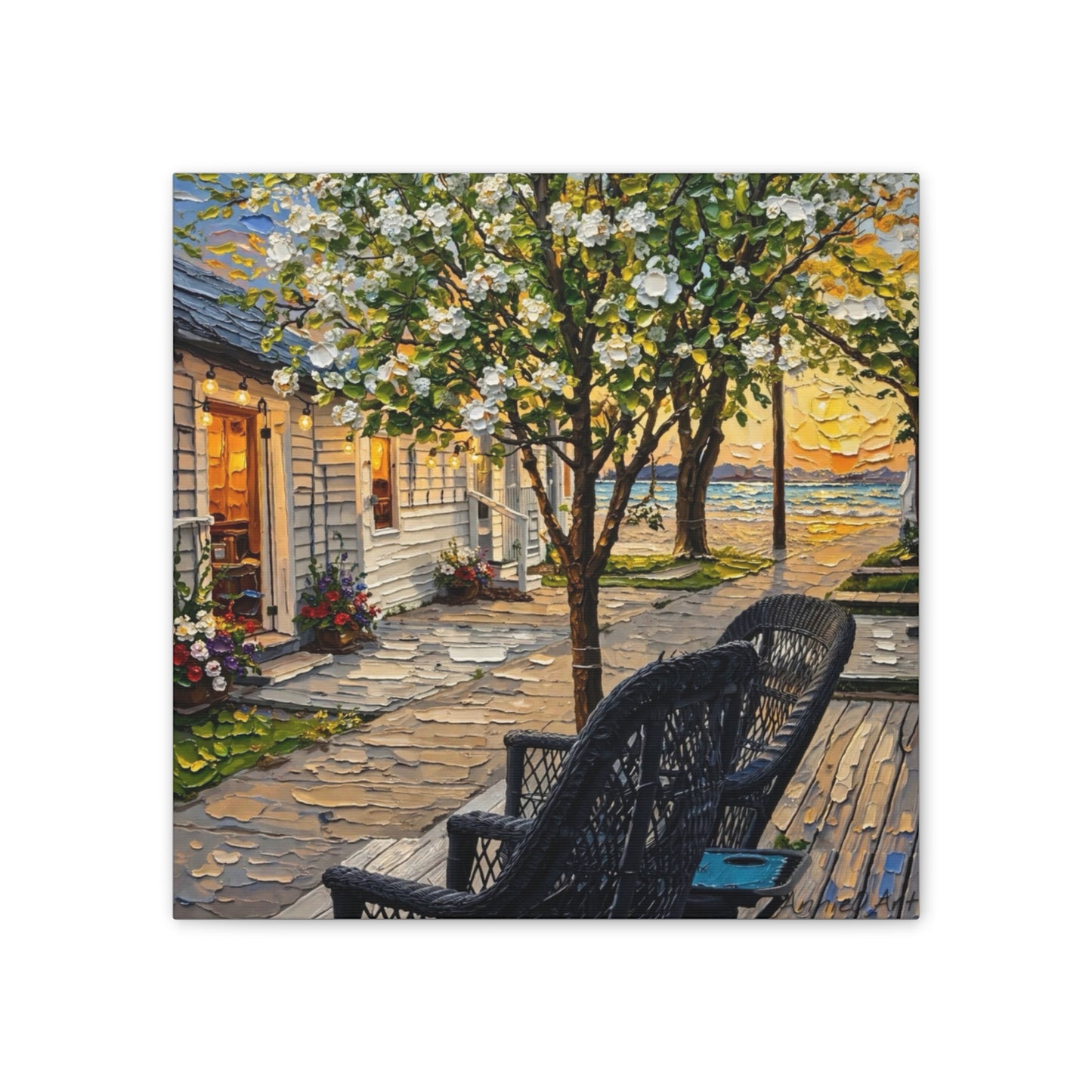 Bungalow Porch Canvas Wall Art — Sunny Cottage Sunset Stretched Canvas