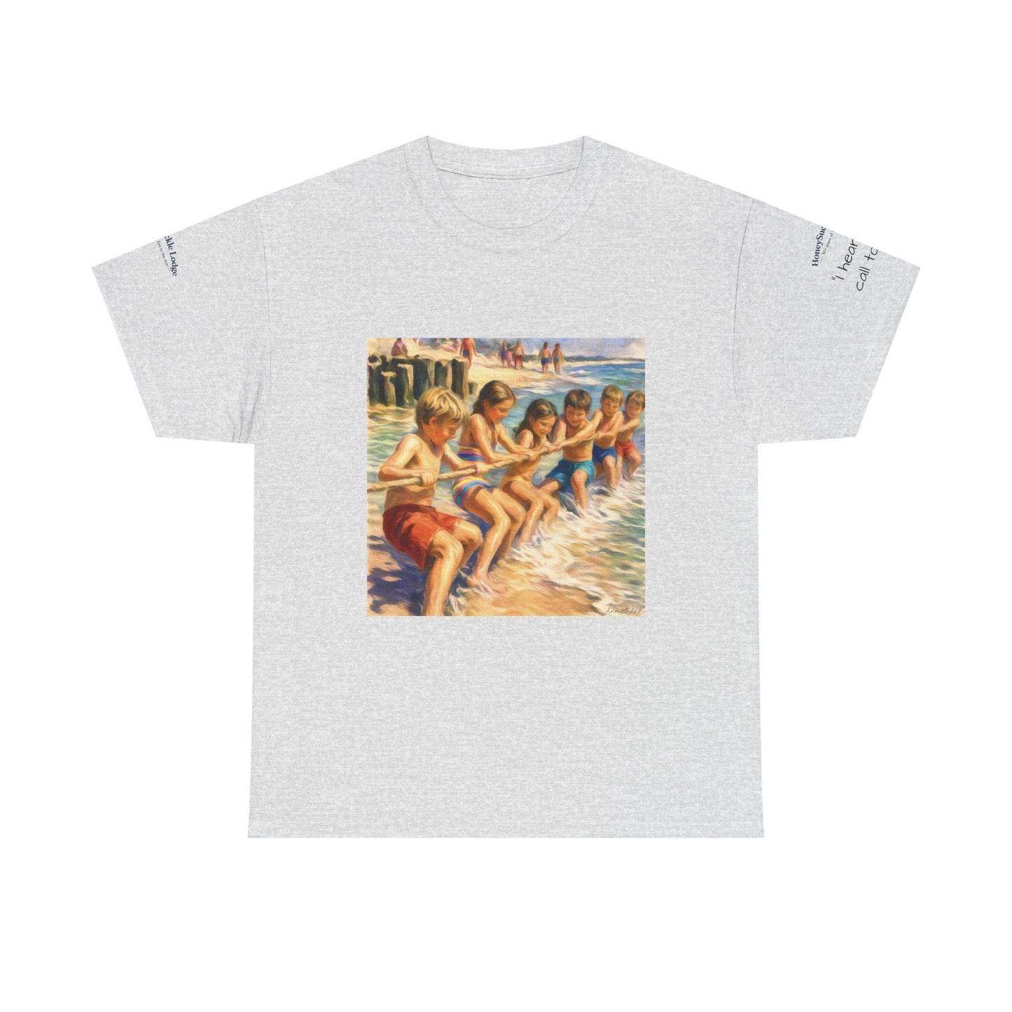 HoneySuckle Lodge Vintage Beach T-Shirt — "50+ years of fun in the sun" Retro Kids on Shore Design