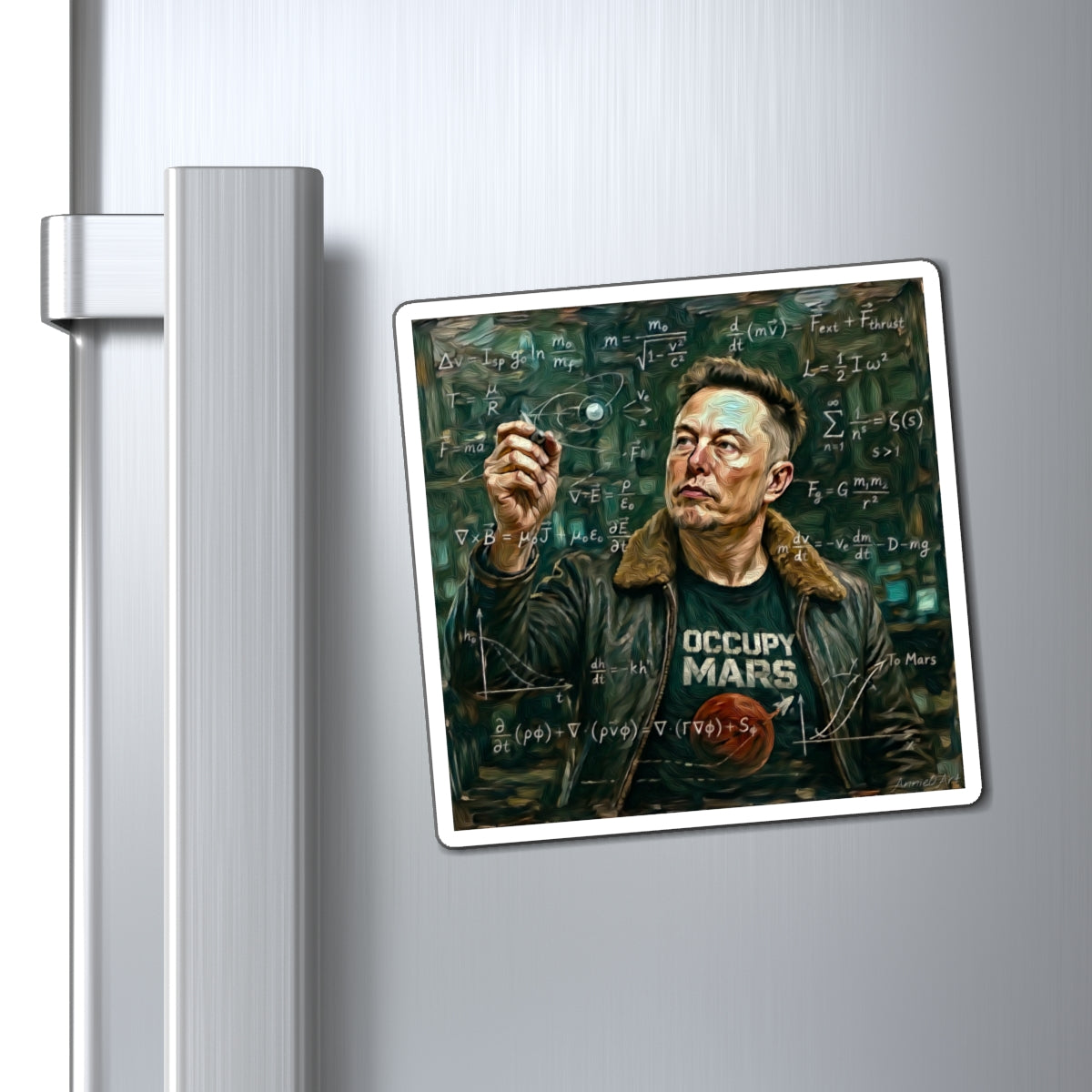 Musk Space Engineer Portrait Magnet — 'Occupy Mars' Science Chalkboard Design