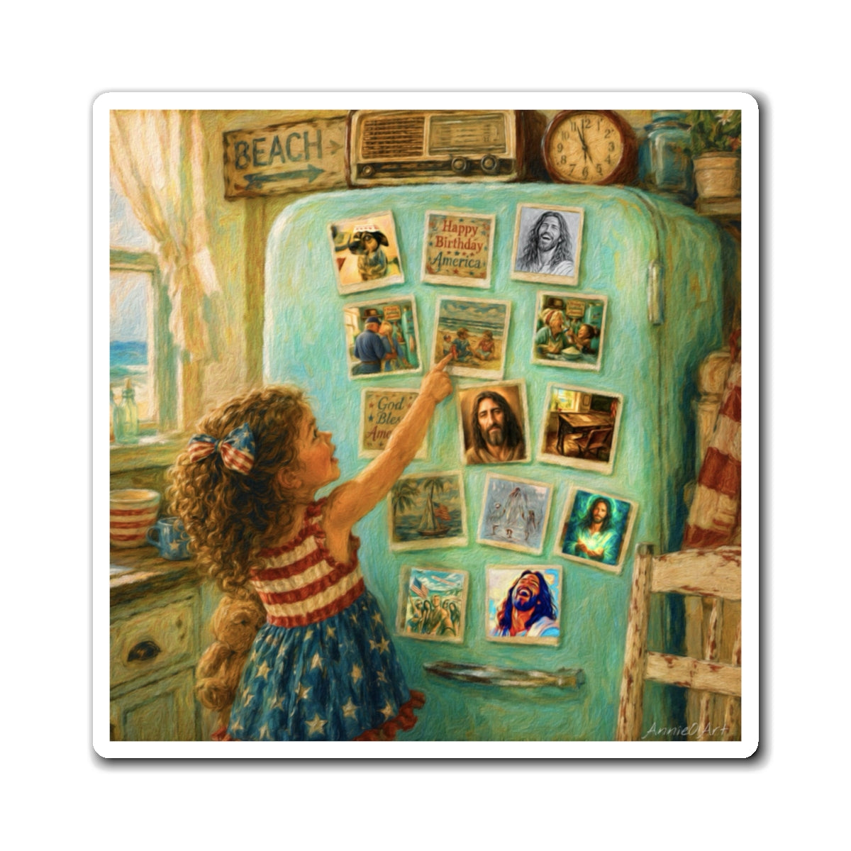 Vintage Beach Fridge Magnet — Little Girl & Photo Collage Artwork