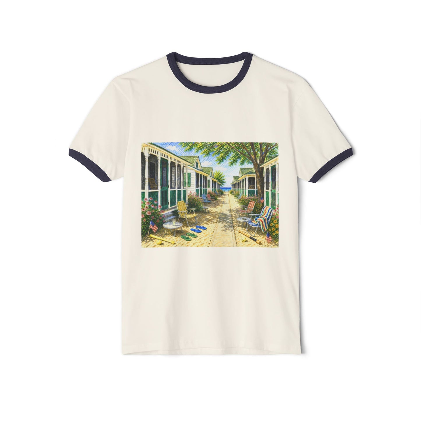 Old 1970’s Style Ringer T-Shirt — Vintage Beach Bungalow Front & Back Design-“Happy Birthday America” Wood Sign