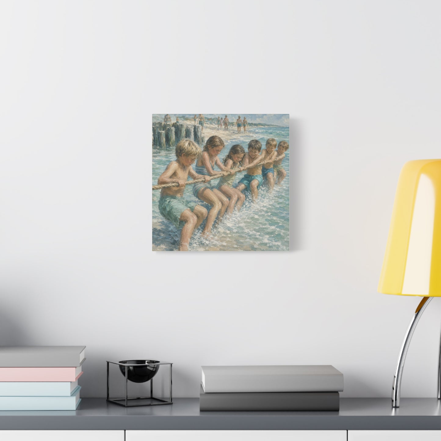 Beach Tug-of-War Matte Canvas Print — Vintage Seaside Children Wall Art
