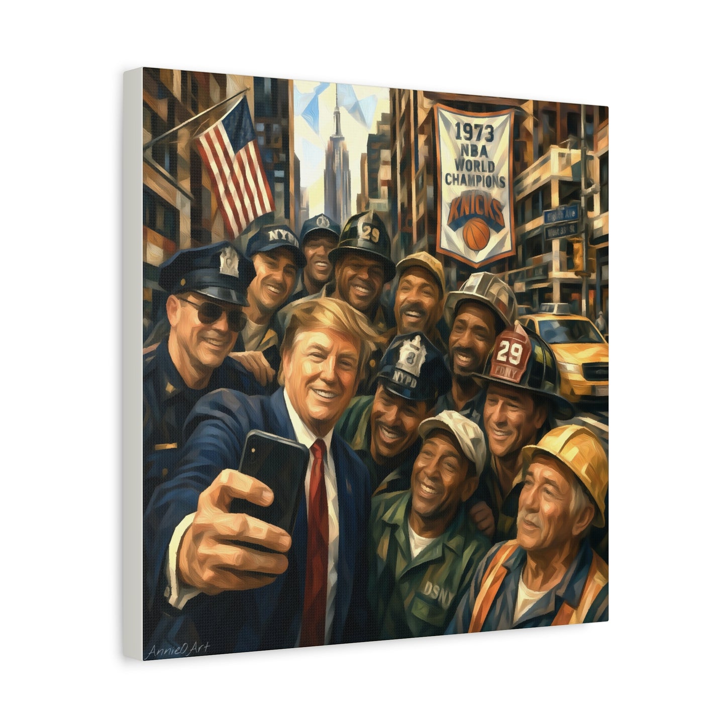 Trump Selfie w/City Workers Canvas Wall Art — Patriotic Urban Selfie Scene