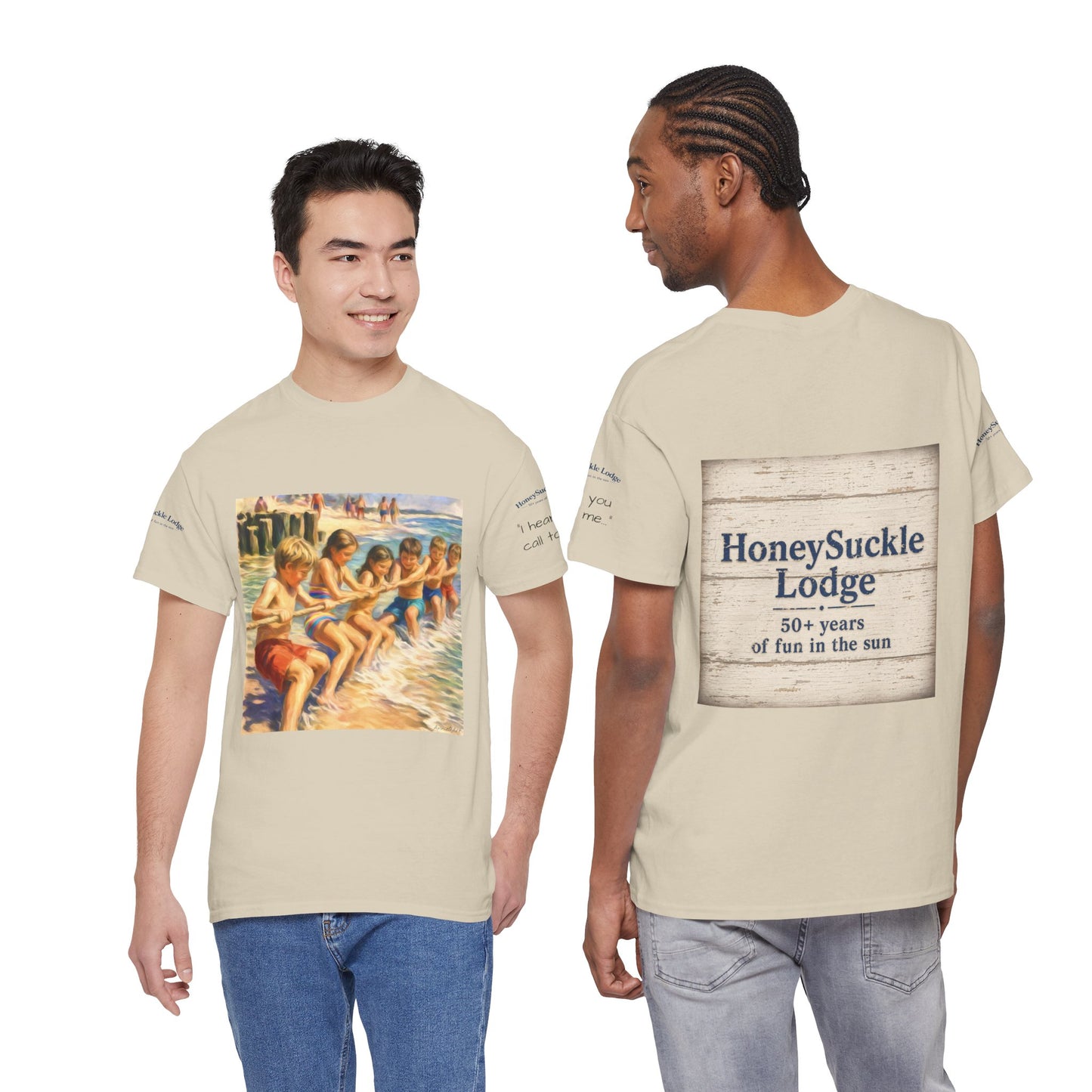 HoneySuckle Lodge Vintage Beach T-Shirt — "50+ years of fun in the sun" Retro Kids on Shore Design