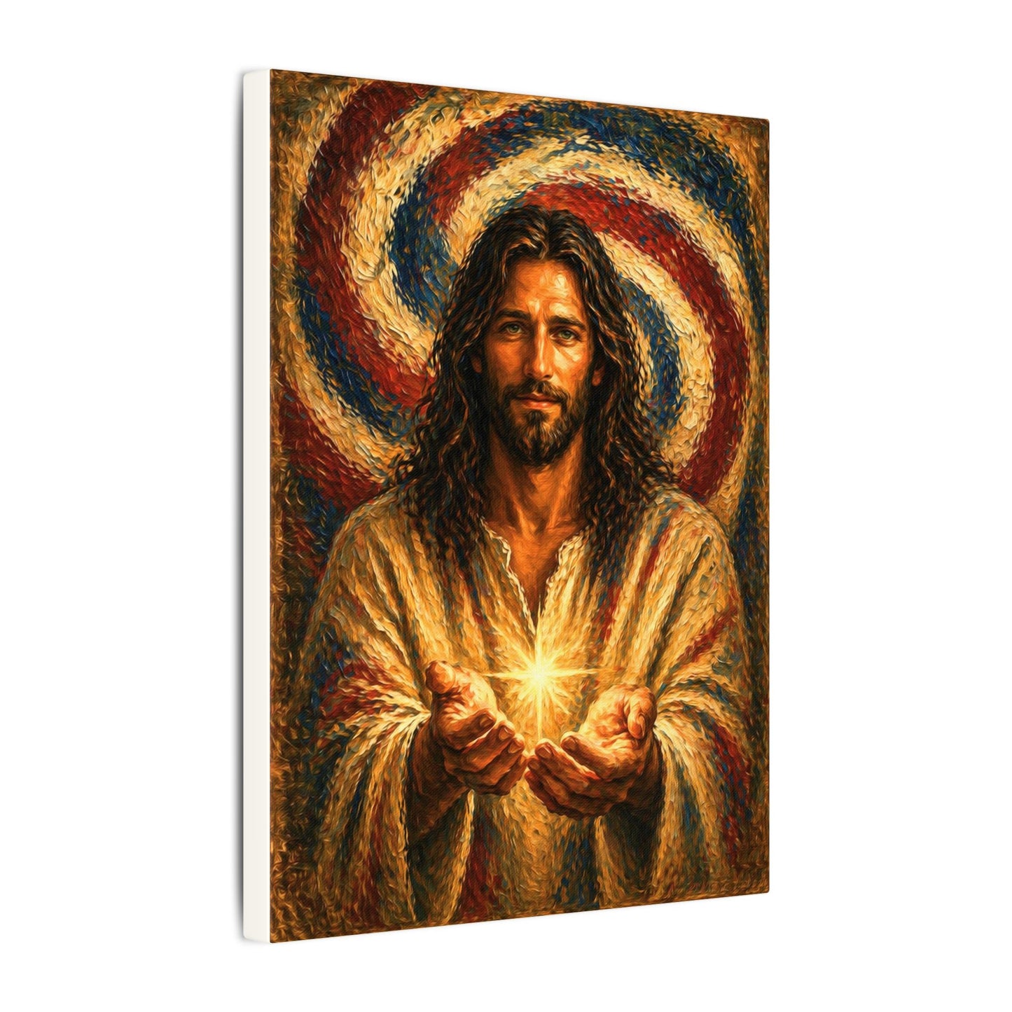 Radiant Jesus Holding Light, Heavy Oil Paint Strokes Look—Matte Stretched Canvas— Canvas Wall Art